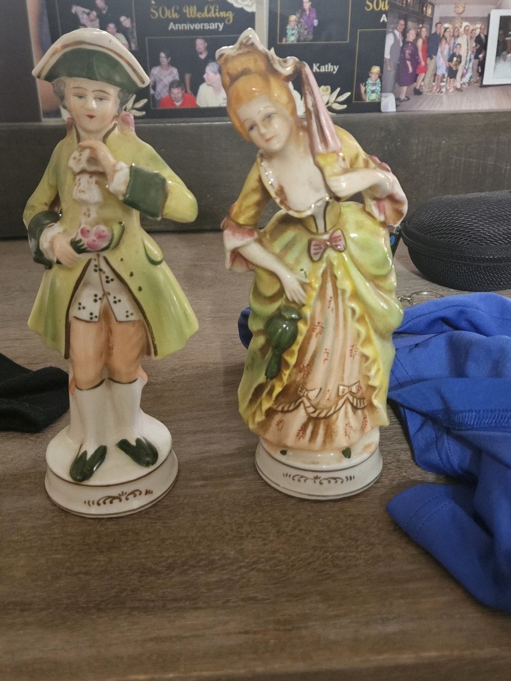 Pair of Hand-Painted Porcelain Figurines in Yellow and Green
